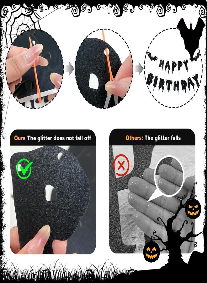 Morofme Glitter Black Happy Birthday Banner Halloween Birthday Sign Bat Banner Glitter Halloween Horror Themed Hanging Paper Garland Banners Decorations for Kids Boy Girl Party Supplies - Image 2
